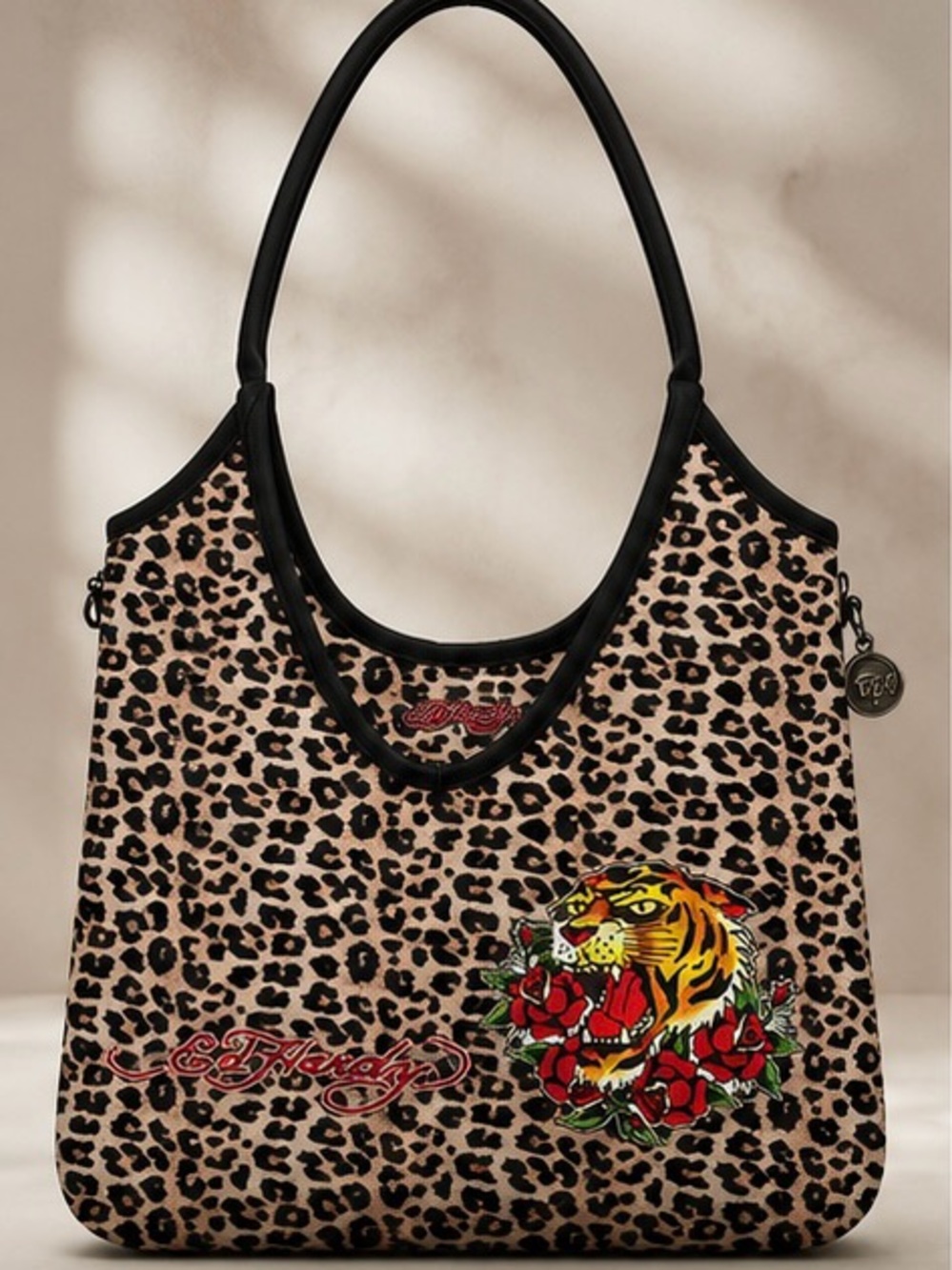 Leopard Print Shoulder Bag with Tiger & Rose Embroidery - Black Trim